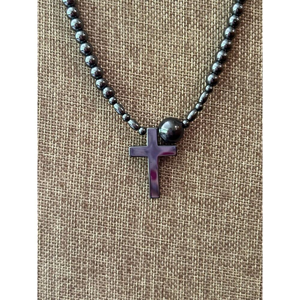Sterling Silver Marcasite Cross & Black Pearl Strand Necklace 925
